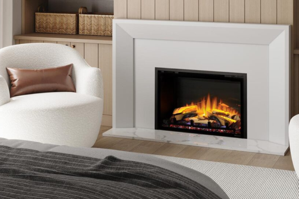 regency fireplace with white comfy chair